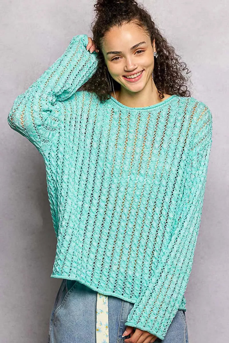 POL Aqua Mint Openwork Round Neck Knit Top with Shiny Detail