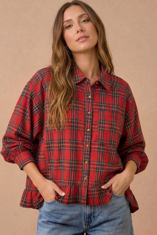 Ruffle the Rules Plaid Flannel Top in Red