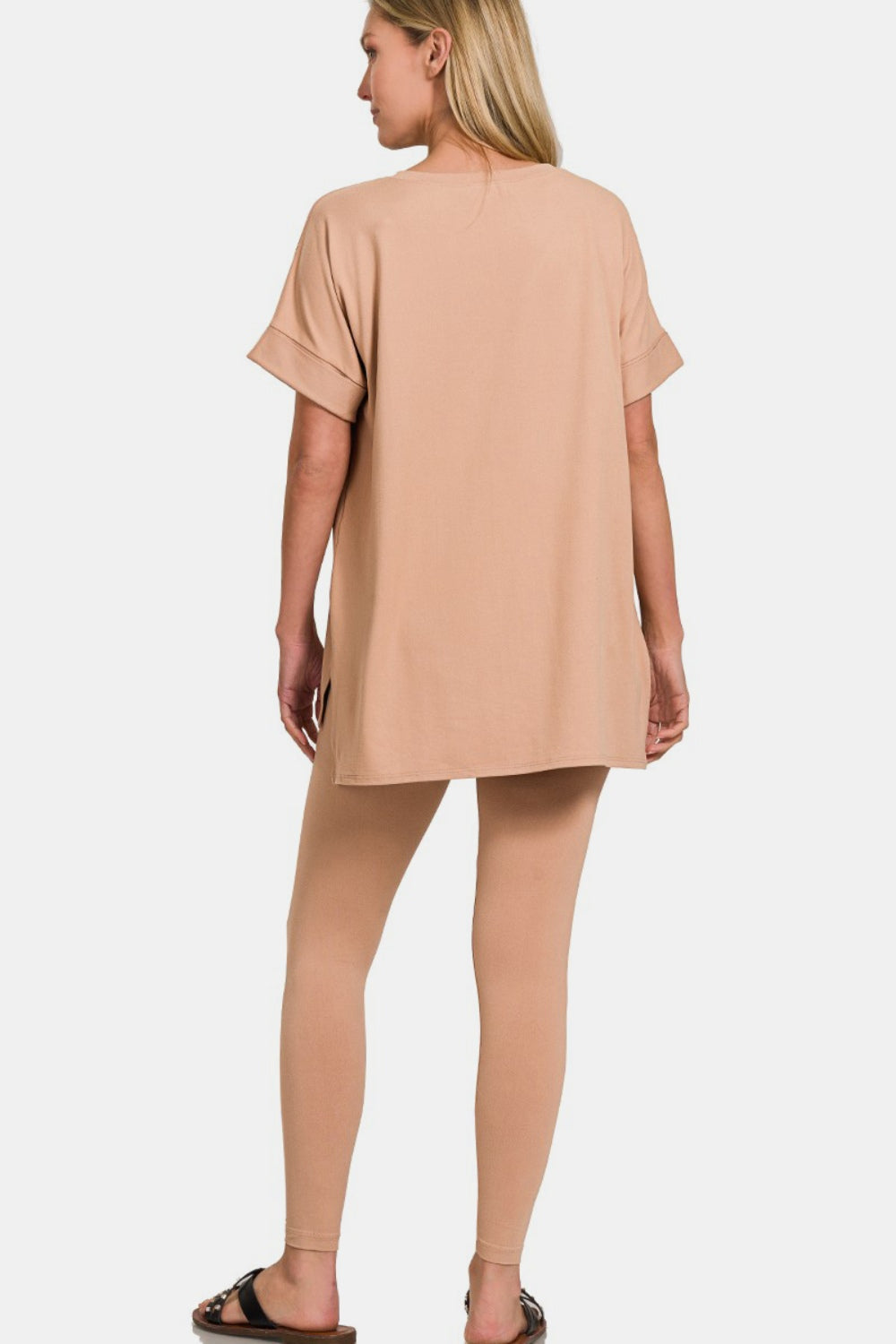 Zenana Brush V-Neck Rolled Short Sleeve T-Shirt and Leggings Lounge Set Trendsi