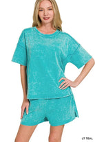 Zenana Light Teal Acid Washed Short Sleeve Tee & Shorts Set LT TEAL