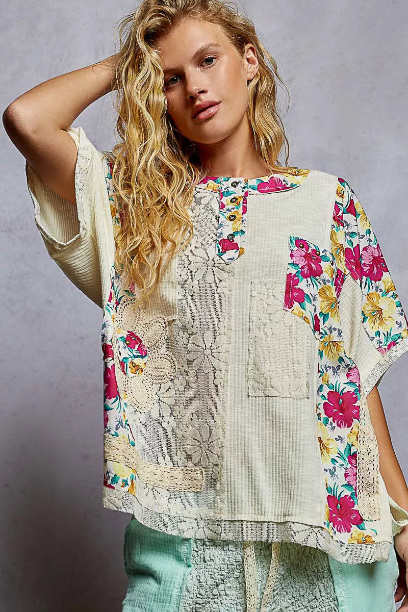 POL Natural Lace Round Neck Short Sleeve Floral Pattern Top with Patch Detail NATURAL