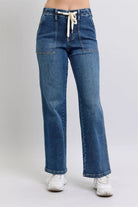 Judy Medium Washed Blue Drawstring Straight Jeans with Pockets MD