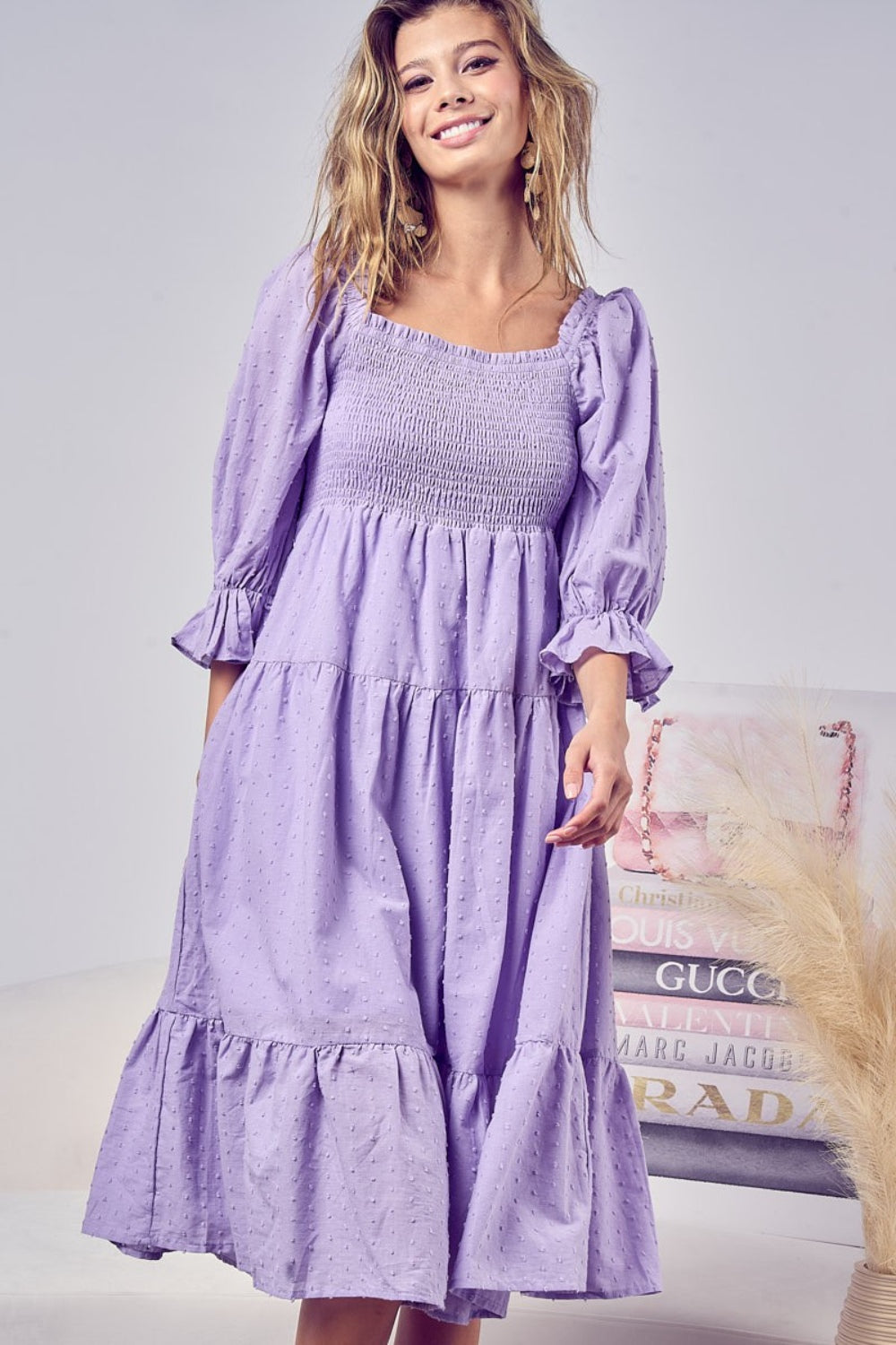 BiBi Lavender Swiss Dot Flounce Sleeve Smocked Tiered Midi Dress Trendsi