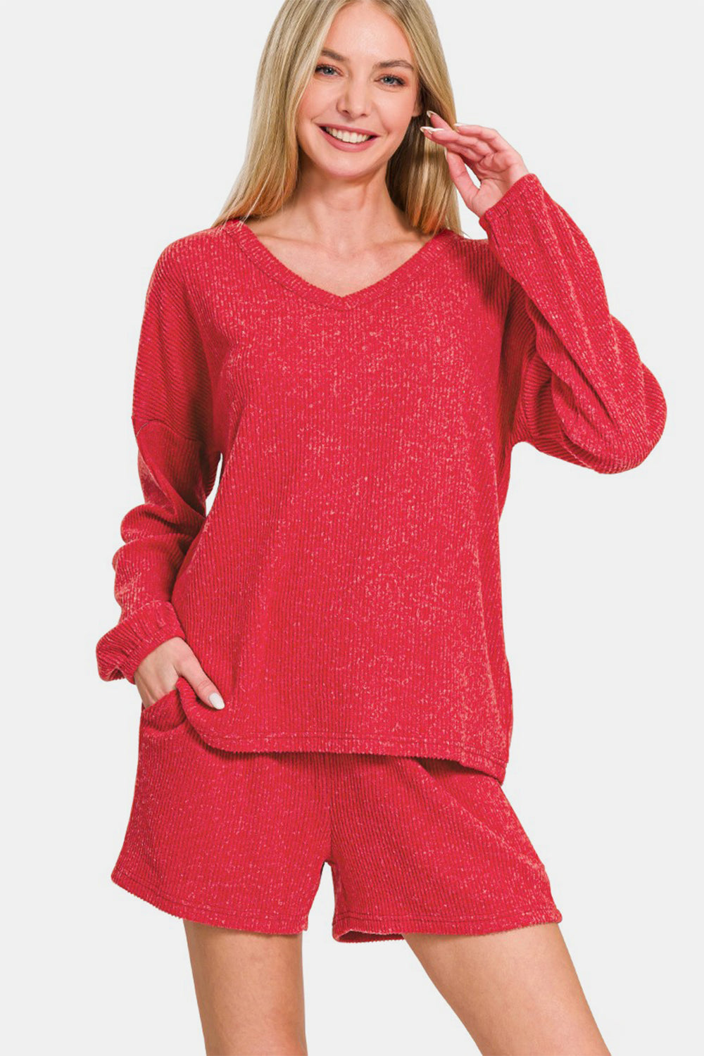 Zenana Deep Red V-Neck Long Sleeve Ribbed Top and Shorts Set Loungewear