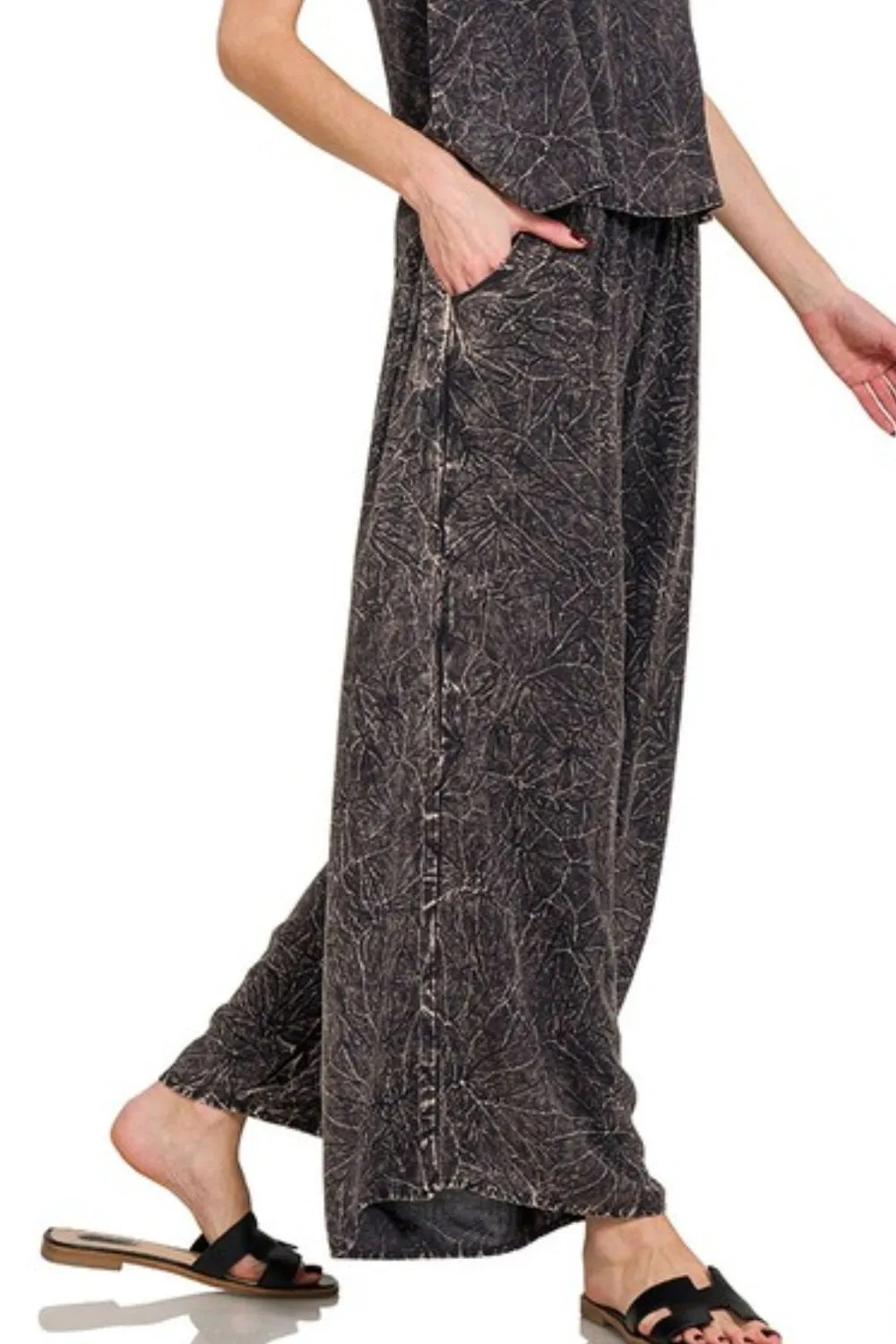 Zenana Ash Black Woven Acid Crinkle Washed Cami & Pants 2 Piece Set