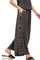 Zenana Ash Black Woven Acid Crinkle Washed Cami & Pants 2 Piece Set