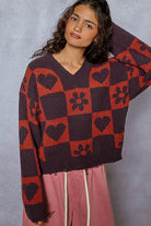 POL Burgundy V-Neck Heart Pattern Checkered Sweater CHARCOAL BURGUN