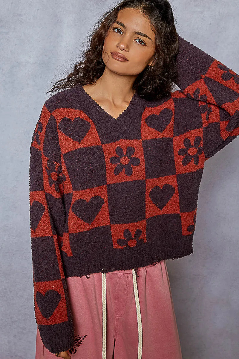 POL Burgundy V-Neck Heart Pattern Checkered Sweater CHARCOAL BURGUN