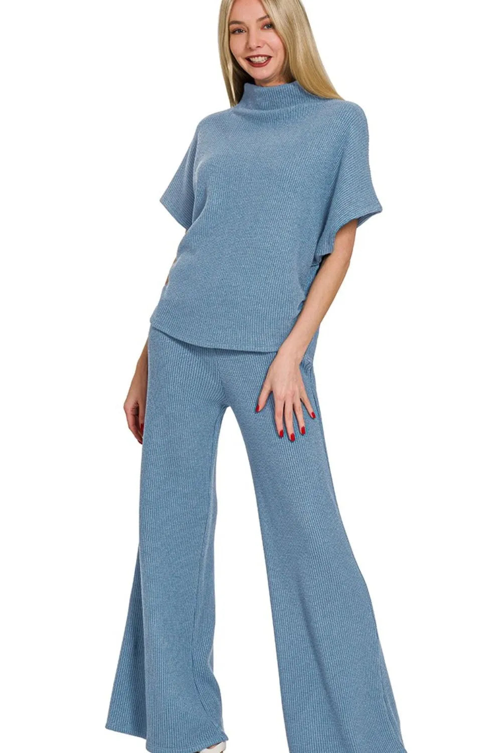 Zenana Dusty Blue Sweater Mock Neck Top & Long Pants Set