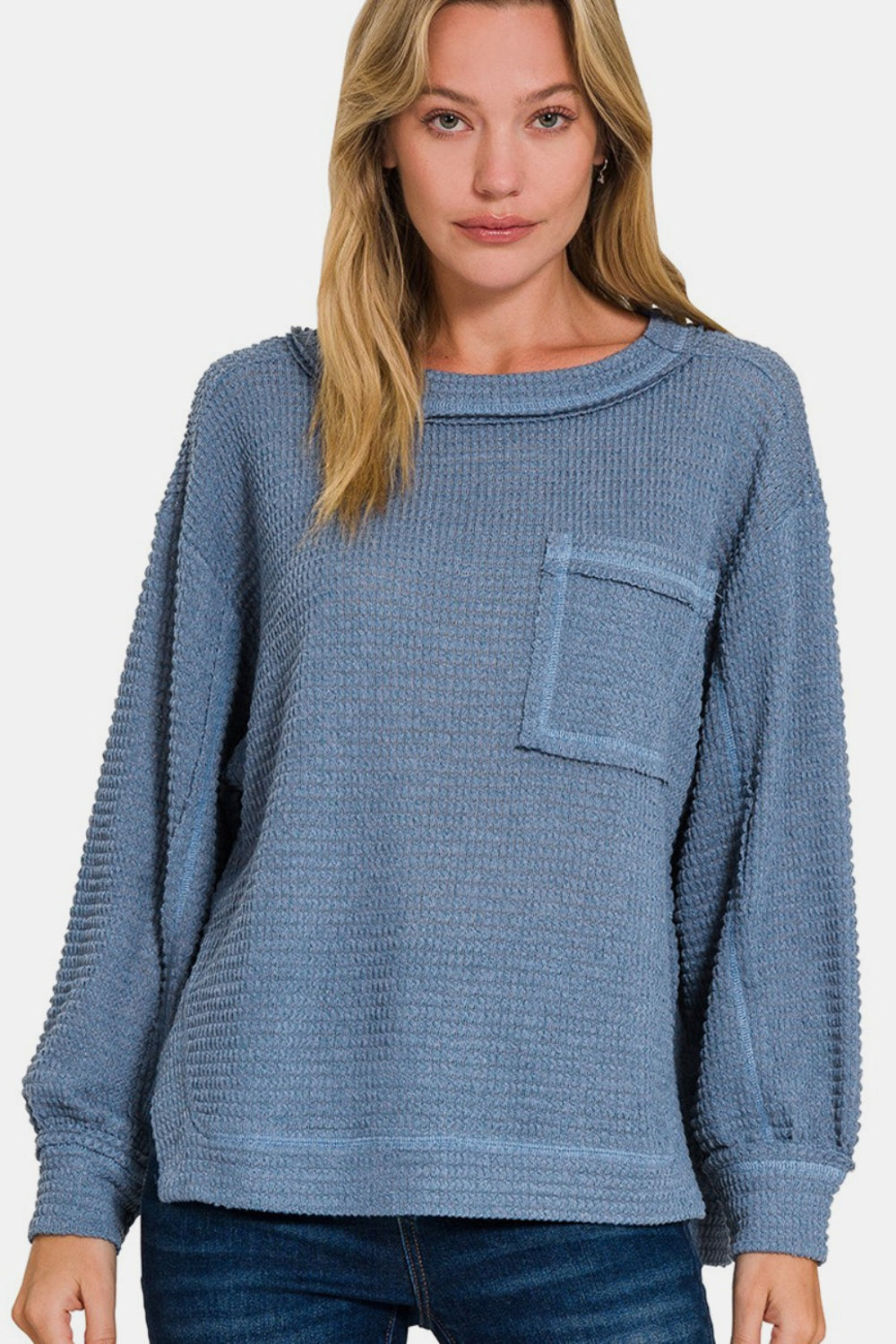 Zenana Dusty Blue Exposed Seam Side Slit Long Sleeve Top Dusty Blue Trendsi