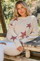 And The Why Shinny Star Pattern Knit Pullover Sweater- Ivory & Pink