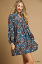 Umgee Blue Boho Mix Paisley Babydoll Dress