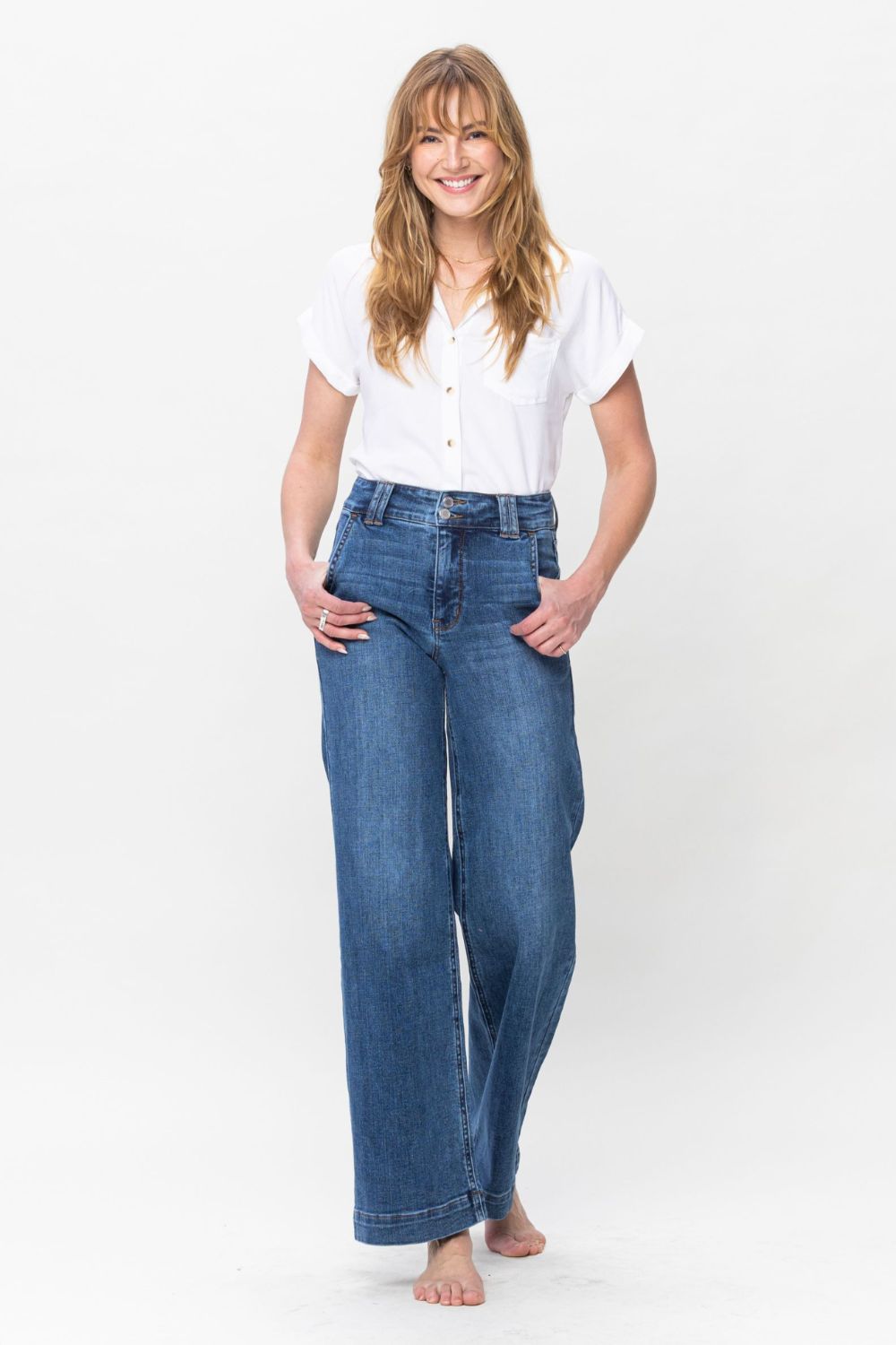 Judy Blue Double Button Wide Leg Medium Washed Jeans Trendsi