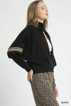 Umgee Black Zipper Up Cropped Jacket with Leopard Trim