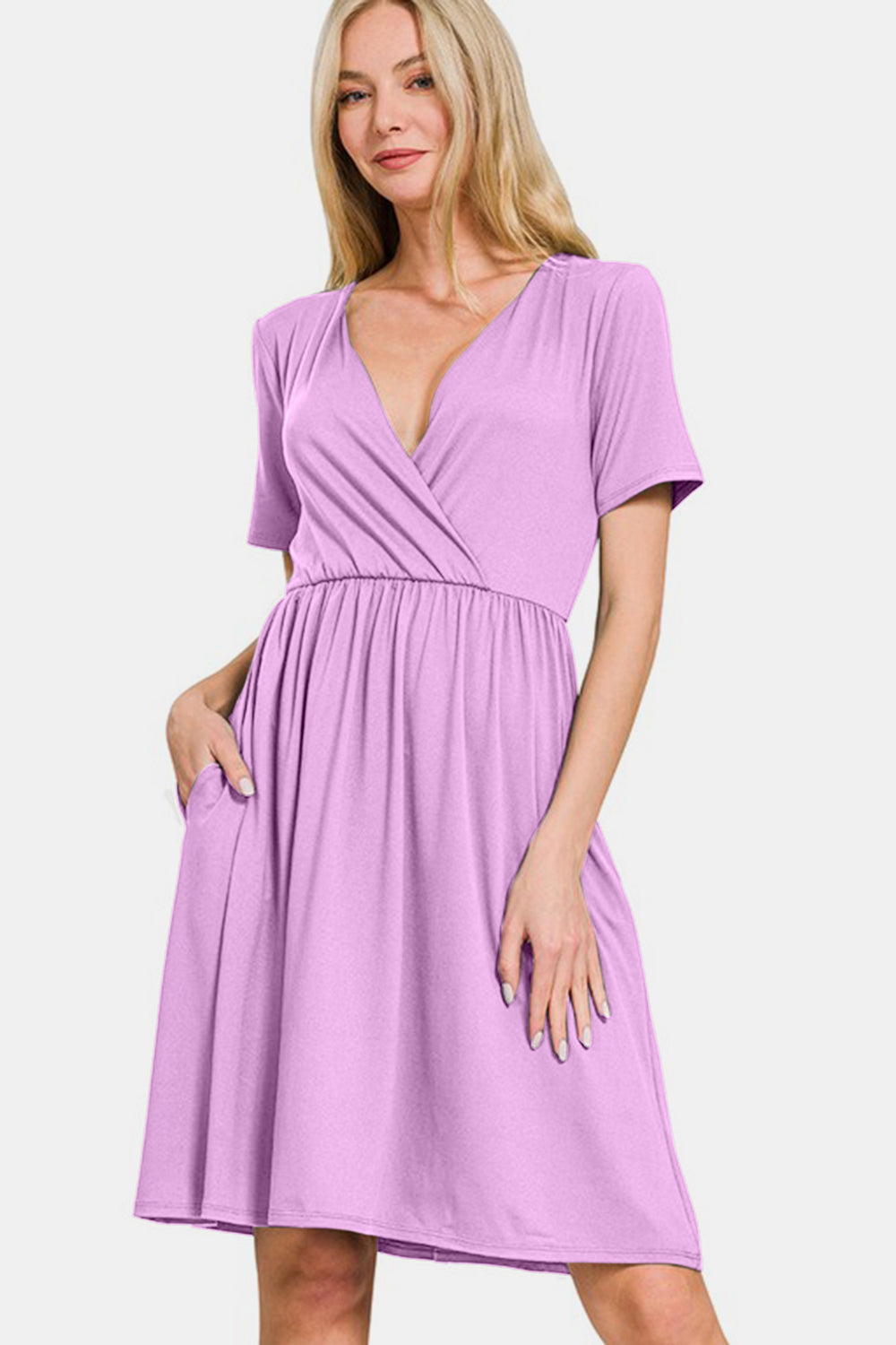 Zenana Bright Lavender Surplice Short Sleeve Brushed DTY Dress Dresses