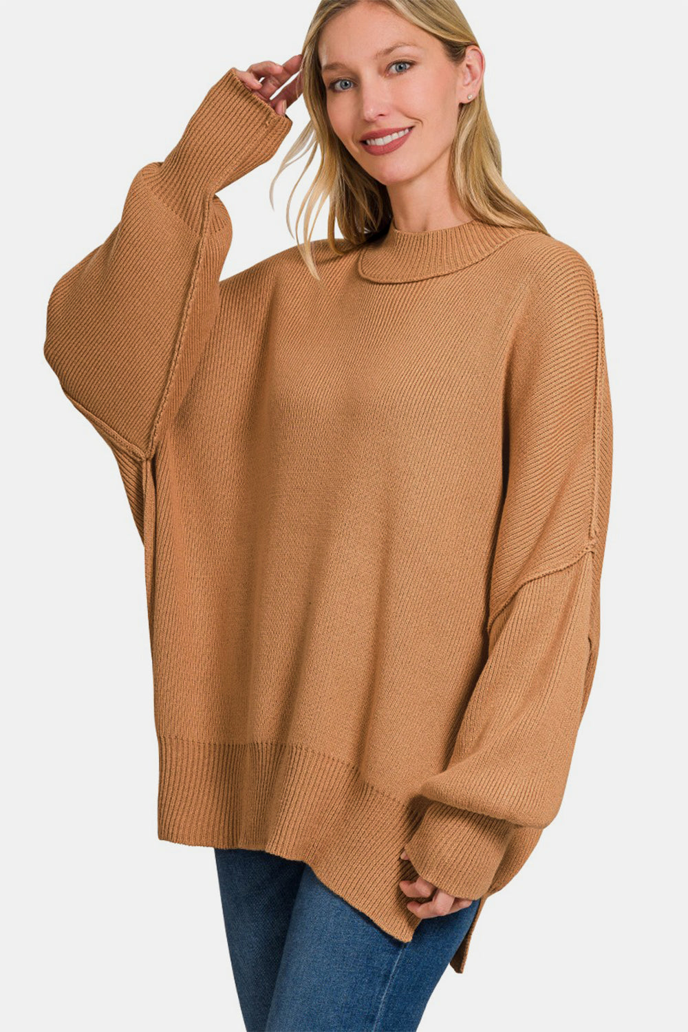 Zenana Deep Camel Side Sit Oversized Sweater Trendsi