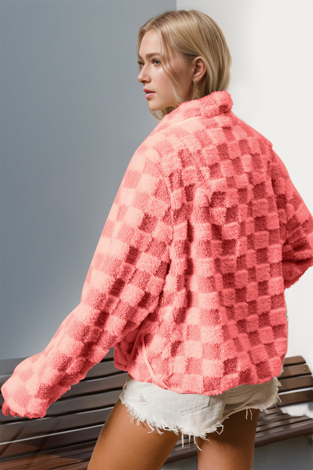 Preorder Double Take Checkered Long Sleeve Fuzzy Jacket Trendsi