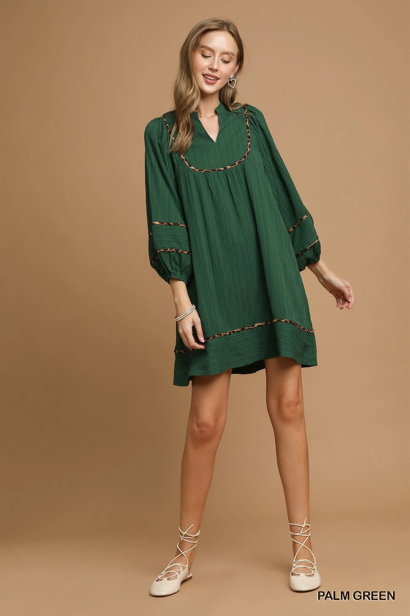 Umgee Palm Green Textured Babydoll Dress with Leopard Trim