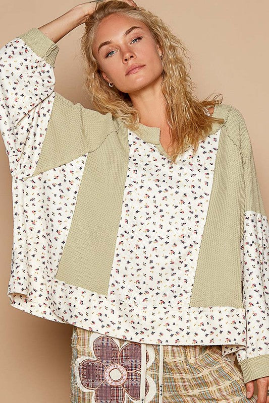 POL Sage Waffle Knit Floral Notched Long Sleeve Top Shirts & Tops