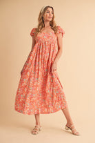 Aemi + Co Coral Cutout Back Floral Square Neck Puff Sleeve Midi Dress Coral