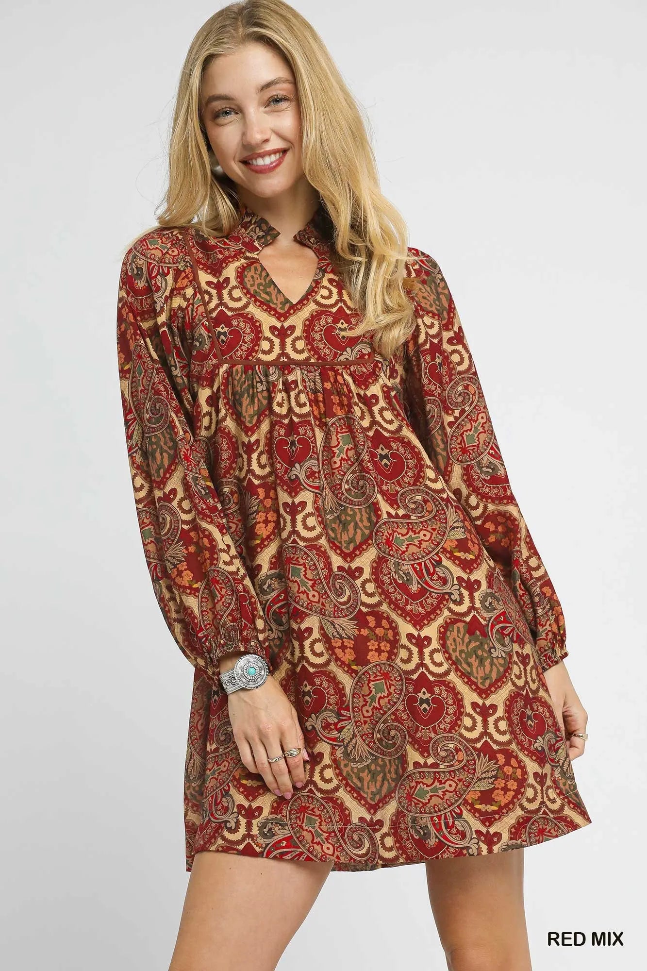 Umgee Red Mix Boho Mix Paisley Babydoll Dress RED MIX