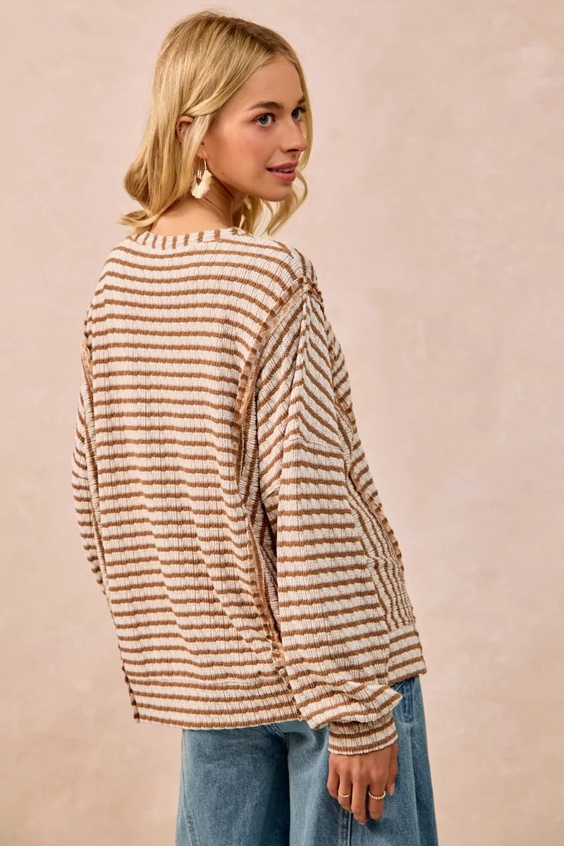 BiBi Camel Open Seam Detail Textured Stripe Knit Top