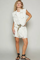 POL Ivory & Apricot Floral Asymmetrical Front Closure Raw Hem Floral Denim Vest