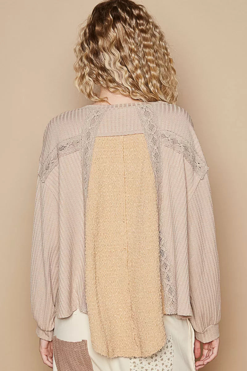 POL Mocha Beige Round Neck Lace Detail Oversized Fit Top