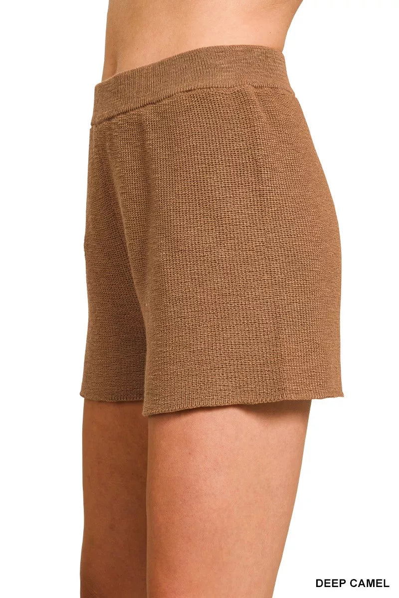 Zenana Deep Camel Round Neck Knit Top and Shorts Sweater Set