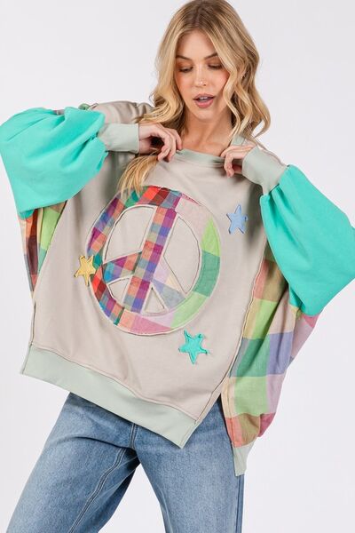 SAGE + FIG Tiffany Blue Contrast Peace Patch Dropped Shoulder Sweatshirt