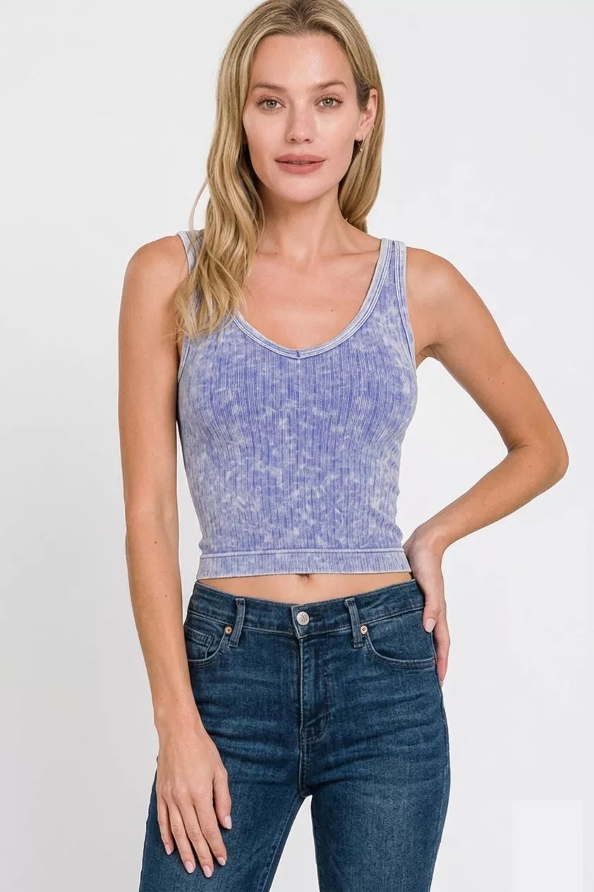 Zenana Light Indigo Washed Ribbed Seamless Cropped V-neck Tank Top
