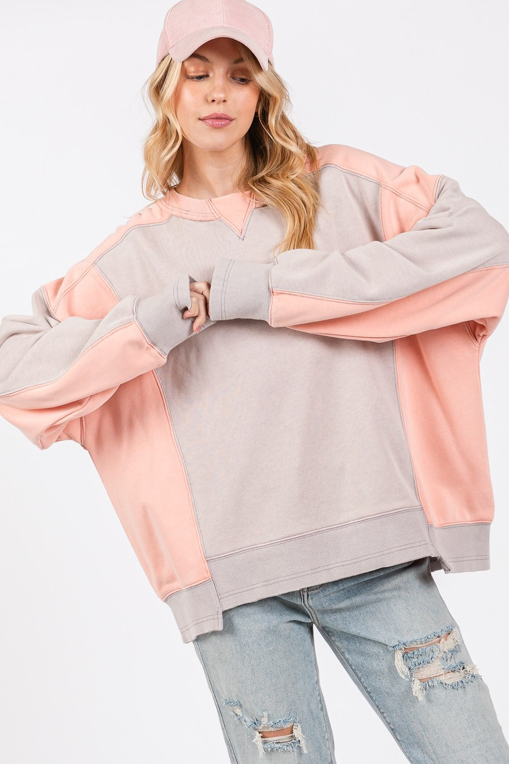 SAGE + FIG Gray & Peach Color Block Round Neck Sweatshirt Gray Peach Trendsi