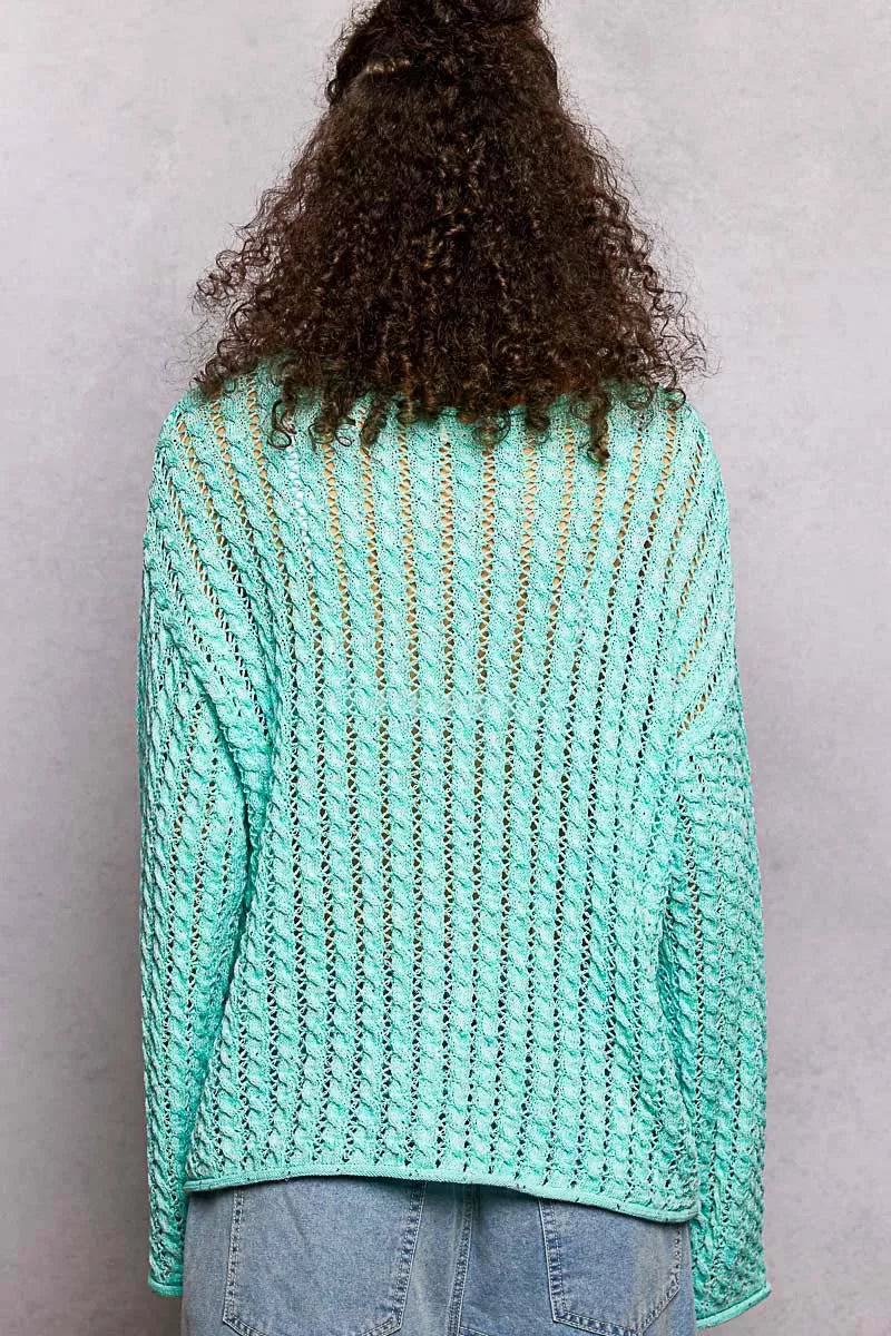 POL Aqua Mint Openwork Round Neck Knit Top with Shiny Detail