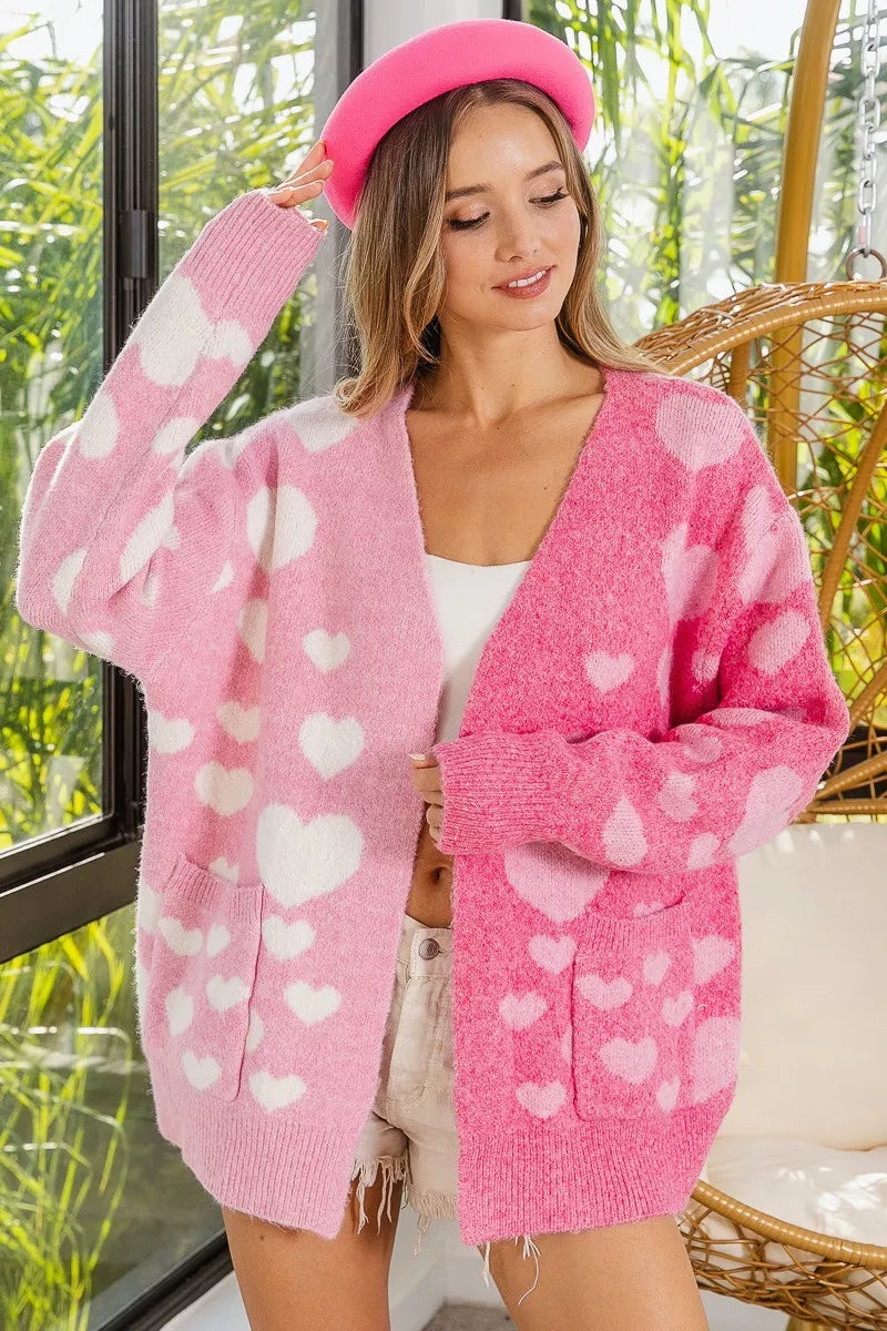 BiBi Heart Color Block V-Beck Knit Cardigan with Pockets
