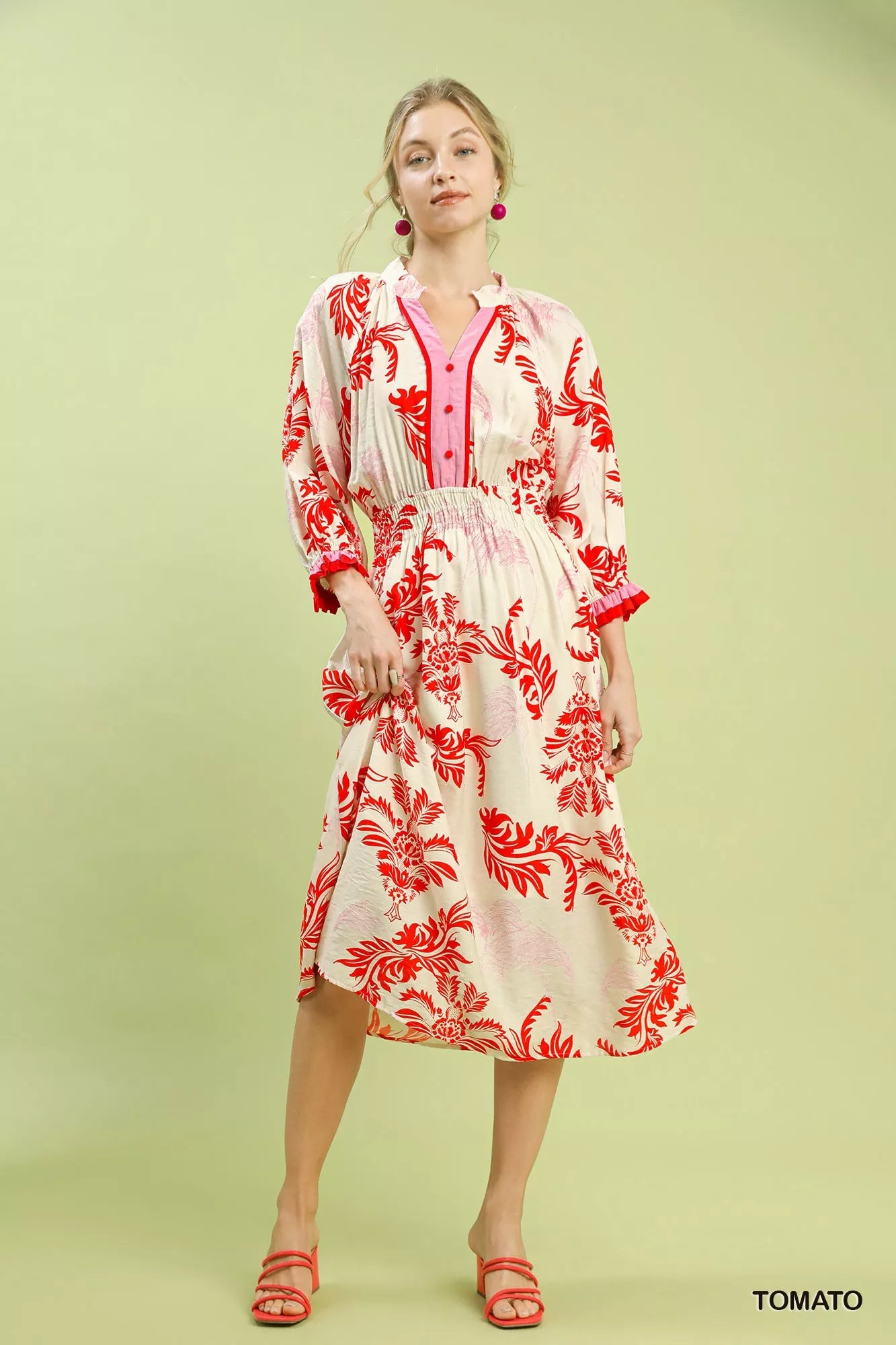 Umgee Tomato Tropical Print Button Detail Midi Dress TOMATO