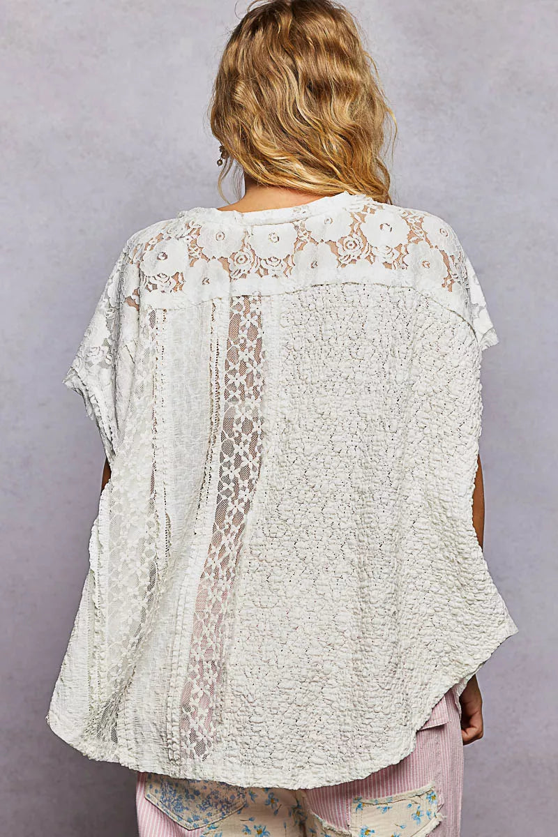 POL Off White Asymmetrical V-Neck Short Sleeve Lace Top