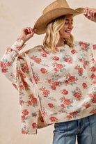 BiBi Oatmeal Floral Print Oversized Waffle Thermal Sweatshirt