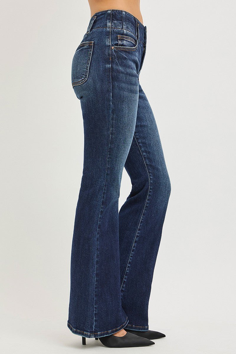 RISEN Dark Washed High Rise Flare Jeans With Seam Detail Waistband