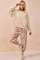 BiBi Cream & Pink Floral Printed Twill Drawstring Pants With Elastic Band