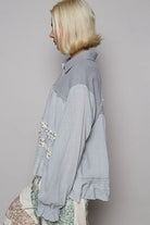 POL Double Gauze Button Down Floral Trim Ruffle Washed Balloon Sleeve Shacket