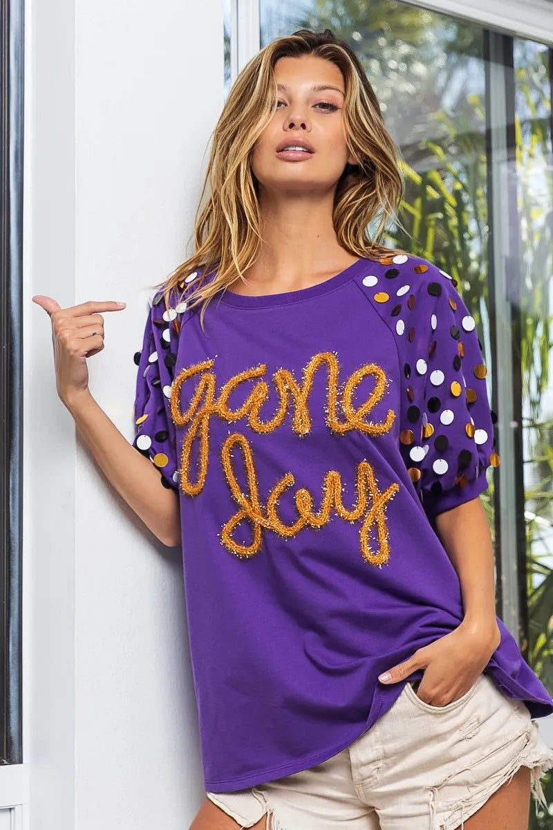 BiBi Purple & Gold Game Day Metallic Letter Spangle Sleeve Top