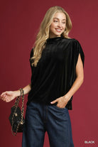 Umgee Black Velvet Mock Neck Sleeveless Blouse Black