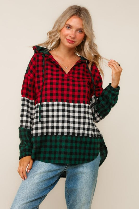 Haptics Color Block Plaid Woven Top with Hoodie