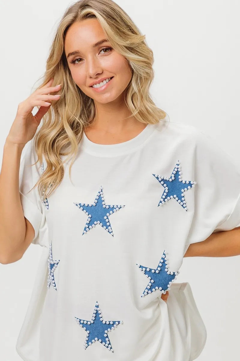 BiBi Royal Blue Beaded Red Stars Applique Fourth of July Terry T-Shirt
