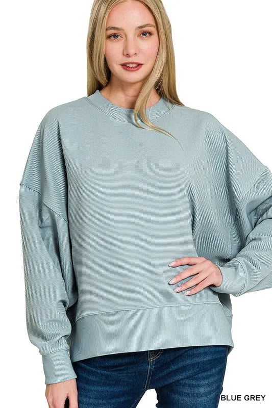 Zenana Blue Grey Ribbed Balloon Sleeve Sweatshirt BLUE GREY
