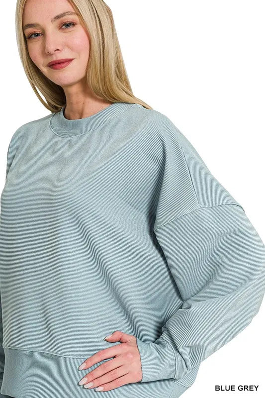 Zenana Blue Grey Ribbed Balloon Sleeve Sweatshirt