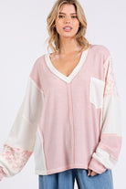 SAGE + FIG Blush Pink Floral Long Sleeve V-Neck Waffle Knit Top