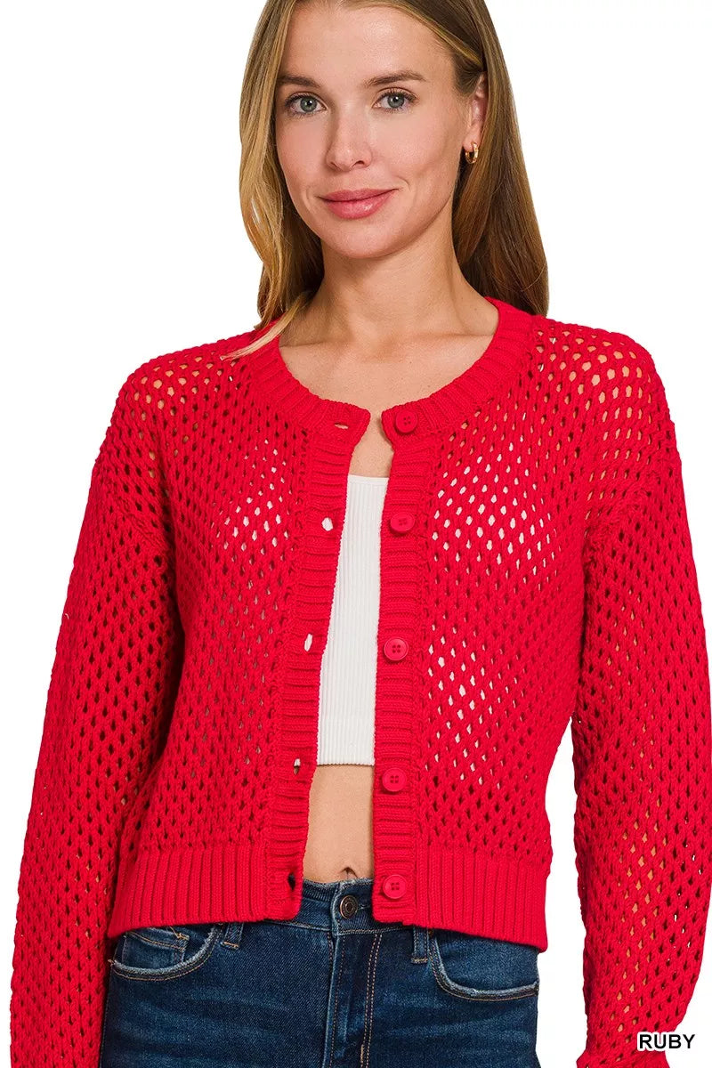 Zenana Ruby Button Down Lightweight Crochet Cardigan Sweater RUBY