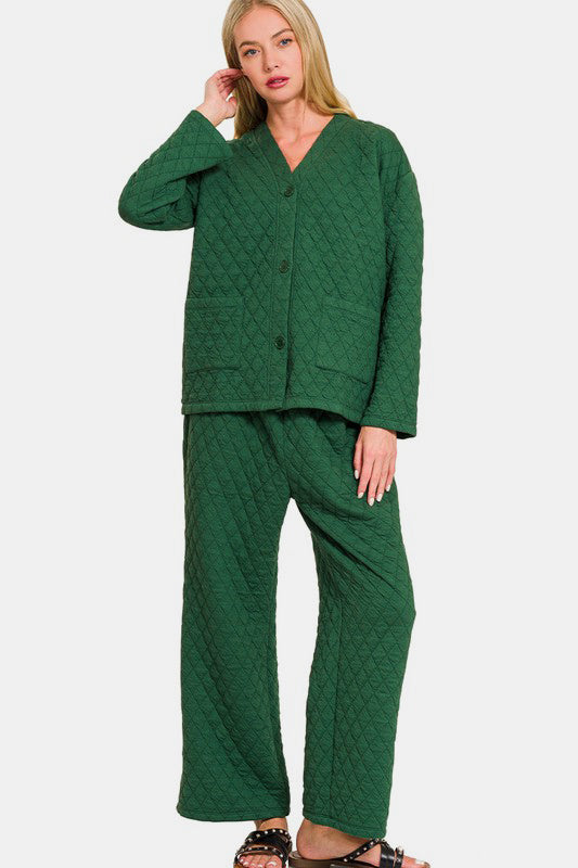 Zenana Dark Green Quilted Button Up Long Sleeve Top and Pants Lounge Set