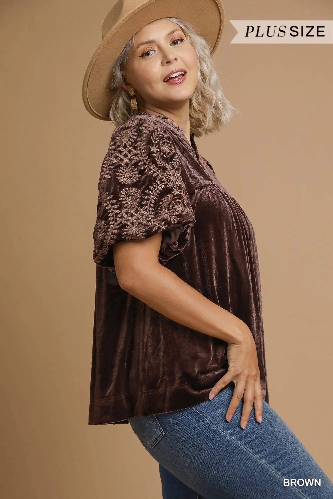 Umgee Brown Velvet Embroidered Sleeve Blouse